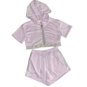 Purple Embellished Rhinestone Crop Hoodie Top and Short Lounge Set